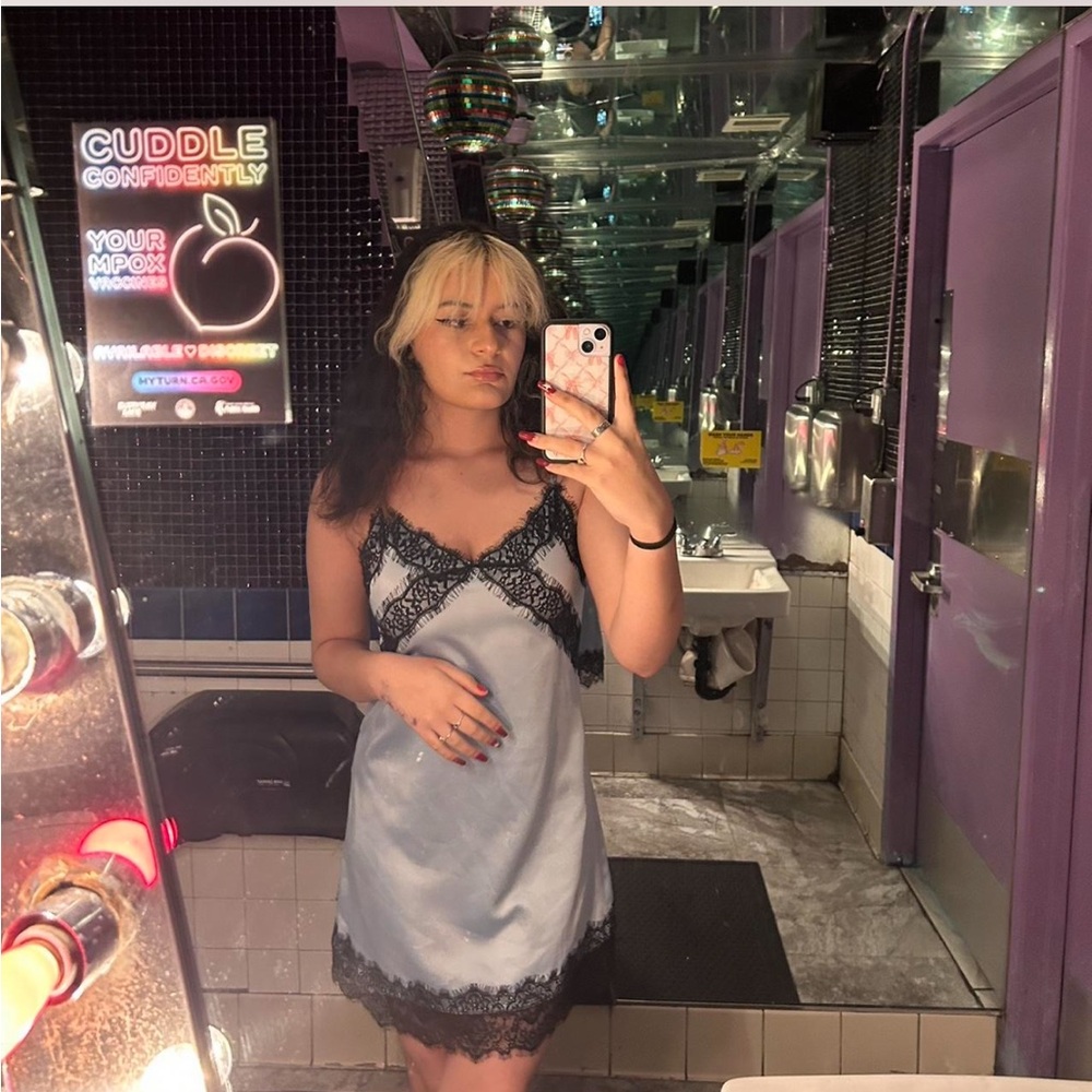 Mayyoube light blue lace silk mini dress